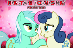 Size: 2064x1353 | Tagged: safe, artist:charity-rose, artist:not-yet-a-brony, bon bon, lyra heartstrings, sweetie drops, earth pony, pony, unicorn, g4, 2022, best friends, duo, february, female, gazing, hearts and hooves day, holiday, if i ain't got you, lesbian, lidded eyes, looking at each other, looking at someone, lyrics in the description, mare, married couple, ship:lyrabon, shipping, smiling, smiling at each other, song in the description, song reference, text, valentine's day, youtube link in the description