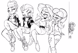 Size: 4257x2894 | Tagged: safe, artist:lummh, lightning dust, sci-twi, spike, spike the regular dog, starlight glimmer, sunset shimmer, tempest shadow, twilight sparkle, dog, equestria girls, g4, bad girl, black and white, equestria girls-ified, grayscale, human sunset, monochrome, s5 starlight, self paradox