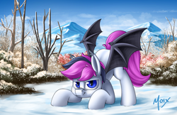 Size: 5100x3300 | Tagged: safe, artist:supermoix, oc, oc only, oc:lance, bat pony, pony, g4, absurd resolution, bat pony oc, commission, crouching, cute, forest, forest background, looking at you, male, mountain, scenery, sky, smiling, snow, solo, stallion