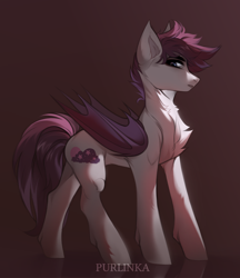 Size: 2810x3257 | Tagged: safe, artist:purlin-ka, oc, oc only, oc:mythic horizon, bat pony, pony, bat pony oc, bat wings, chest fluff, folded wings, full body, gradient background, high res, hooves, looking back, male, shading, signature, solo, stallion, standing, wings