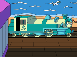 Size: 1280x953 | Tagged: safe, artist:sergeant16bit, sandbar, bird, crab, seagull, g4, beach, inanimate tf, locomotive, steam locomotive, tracks, train, train station, trainified, transformation, water