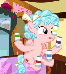 Size: 800x897 | Tagged: safe, screencap, cozy glow, pegasus, pony, g4, marks for effort, season 8, animated, balancing, bow, cozybetes, cropped, curly mane, cute, female, filly, flying, foal, food, freckles, gif, levitation, magic, solo, sprinkles, sugarcube corner, sugarcube corner (interior), telekinesis, tongue out, two toned mane, wings