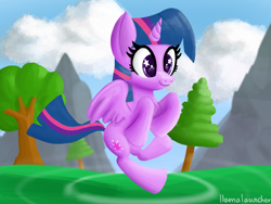 Size: 2048x1536 | Tagged: safe, artist:llamalauncher, twilight sparkle, alicorn, pony, g4, female, flying, solo, starry eyes, tree, twilight sparkle (alicorn), wingding eyes