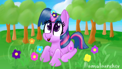 Size: 3840x2160 | Tagged: safe, artist:llamalauncher, twilight sparkle, pony, unicorn, g4, female, flower, flower in hair, grass, high res, solo, tongue out, tree, unicorn twilight