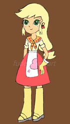 Size: 808x1435 | Tagged: safe, artist:fude-chan-art, applejack, equestria girls, g4, blonde, brown background, clothes, clothes swap, female, hatless, implied granny smith, missing accessory, simple background, solo