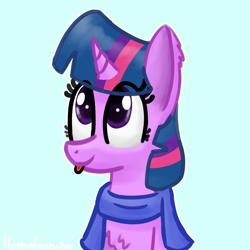 Size: 2200x2200 | Tagged: safe, artist:llamalauncher, twilight sparkle, pony, g4, blue background, bust, chest fluff, clothes, high res, scarf, simple background, solo, tongue out