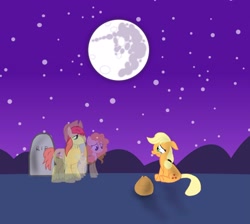 Size: 3000x2687 | Tagged: safe, artist:sarahthefox97, applejack, bright mac, pear butter, earth pony, pony, g4, crying, female, grave, gravestone, high res, male, mare in the moon, moon, night, sad, ship:brightbutter, shipping, solo, spirit, straight