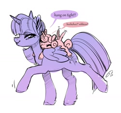 Size: 1626x1513 | Tagged: safe, artist:opalacorn, princess flurry heart, twilight sparkle, alicorn, pony, g4, aunt and niece, auntie twilight, baby, baby pony, best aunt ever, crown, cute, dialogue, duo, female, filly, flurrybetes, foal, jewelry, mare, regalia, signature, simple background, standing on two hooves, twilight is bae, twilight sparkle (alicorn), white background