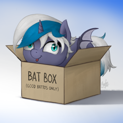 Size: 1300x1300 | Tagged: safe, alternate character, alternate version, artist:magfen, oc, oc only, oc:elizabat stormfeather, alicorn, bat pony, bat pony alicorn, pony, :p, alicorn oc, bat pony oc, bat wings, box, cardboard box, commission, cute, female, horn, mare, pony in a box, solo, tongue out, wings, ych result