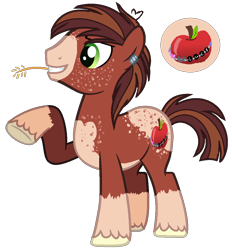 Size: 994x1072 | Tagged: safe, artist:princess-kitsune-tsu, oc, oc only, earth pony, pony, base used, coat markings, ear piercing, earring, earth pony oc, freckles, grin, jewelry, magical gay spawn, male, offspring, parent:big macintosh, parent:trouble shoes, parents:troublemac, piercing, simple background, smiling, socks (coat markings), solo, stallion, straw in mouth, transparent background, unshorn fetlocks