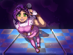 Size: 2160x1620 | Tagged: safe, artist:diameltzowo, pipp petals, human, g5, my little pony: a new generation, clothes, female, from above, green eyes, heart, humanized, idol, microphone, purple background, simple background, solo, stage, sunglasses, winged humanization, wings