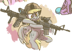 Size: 574x421 | Tagged: safe, artist:plunger, derpy hooves, pegasus, pony, g4, angry, blank flank, chest fluff, dual wield, female, flying, gun, hat, helmet, m4a1, mare, ponybooru import, rifle, simple background, sitting, solo, weapon