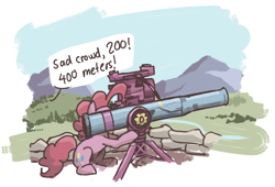 Size: 724x492 | Tagged: safe, artist:plunger, pinkie pie, earth pony, pony, g4, 200, 400, exclamation point, female, gun, hoof hold, looking at something, mare, missile launcher, mountain, offscreen character, partillery, ponybooru import, rock, run, sitting, solo, speech bubble, text, tow missile, weapon