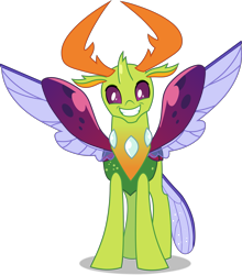Size: 3377x3840 | Tagged: safe, artist:frownfactory, thorax, changedling, changeling, g4, triple threat, antlers, cute, grin, high res, horn, king thorax, male, simple background, smiling, solo, spread wings, stallion, thorabetes, transparent background, vector, wings