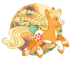 Size: 1402x1173 | Tagged: safe, artist:horseytown, applejack (g1), pony, g1, bow, braid, cute, flower, g1 jackabetes, silly, silly pony, simple background, sunflower, tail, tail bow, transparent background, unshorn fetlocks, who's a silly pony