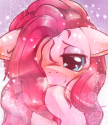Size: 1441x1668 | Tagged: safe, artist:kurogewapony, pinkie pie, earth pony, pony, g4, blushing, bust, close-up, cute, diapinkes, female, lidded eyes, looking at you, mare, messy mane, portrait, simple background, smiling, smiling at you, snow, solo