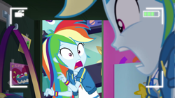 Size: 1440x810 | Tagged: safe, edit, edited screencap, screencap, rainbow dash, dashing through the mall, do it for the ponygram!, equestria girls, equestria girls series, g4, holidays unwrapped, spoiler:eqg series (season 2), camera shot, clothes, cutie mark on clothes, geode of super speed, hoodie, jewelry, lockers, magical geodes, necklace, rainbow dash's prank fail, screaming, self paradox