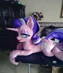 Size: 886x1024 | Tagged: safe, artist:nerofledermaus, starlight glimmer, pony, unicorn, g4, bedroom eyes, heart eyes, horn, irl, lying down, photo, plushie, prone, solo, tongue out, wingding eyes