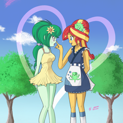 Size: 4500x4500 | Tagged: safe, artist:theratedrshimmer, sunset shimmer, wallflower blush, human, equestria girls, g4, adorasexy, alternate hairstyle, boop, clothes, cloud, cute, dress, female, flower, flowerbetes, heart, lesbian, looking at each other, looking at someone, ponytail, sexy, shimmerbetes, ship:wallset, shipping, sundress, sunflower, sunset sushi, sweet dreams fuel, tree