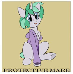 Size: 1632x1664 | Tagged: safe, artist:brainiac, part of a set, oc, oc:fluoride sting, pony, unicorn, chest fluff, clothes, collar, female, hoodie, mare, meme, no context, protective mare (set), solo