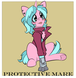 Size: 1632x1664 | Tagged: safe, artist:brainiac, part of a set, oc, oc:candy chip, pony, unicorn, chest fluff, cybernetic legs, female, mare, meme, no context, protective mare (set), solo