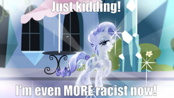Size: 2000x1125 | Tagged: safe, edit, edited screencap, screencap, rarity, crystal pony, pony, unicorn, g4, the crystal empire, bait, caption, crystal rarity, crystallized, female, image macro, mare, meme, op is a duck, op is trying to start shit, racism, racisty, solo, text