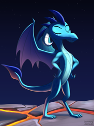 Size: 2250x3000 | Tagged: safe, artist:dash wang, princess ember, dragon, g4, dragoness, female, high res, lava, moonlight, muscles, night, solo, standing, stars, wings