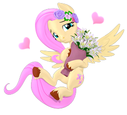Size: 2200x2000 | Tagged: safe, artist:owlpirate, fluttershy, pegasus, pony, g4, 3d, bouquet, cute, female, floating heart, flower, flower in hair, flying, heart, high res, lidded eyes, mare, shyabetes, simple background, smiling, solo, source filmmaker, spread wings, transparent background, underhoof, unshorn fetlocks, wings