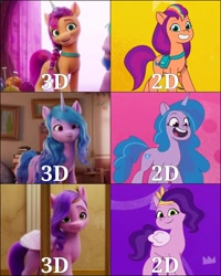 Size: 1080x1350 | Tagged: safe, edit, edited screencap, screencap, izzy moonbow, pipp petals, sunny starscout, pegasus, pony, unicorn, g5, my little pony: a new generation, my little pony: tell your tale, spoiler:my little pony: a new generation, 2d, 3d, 3d to 2d, comparison, fake horn, female, mane stripe sunny, mare