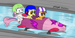 Size: 962x492 | Tagged: safe, artist:pheeph, apple bloom, scootaloo, sweetie belle, earth pony, pegasus, pony, unicorn, g4, bobsled, cutie mark crusaders, female, filly, foal, grin, helmet, ice, scared, sled, smiling, speed lines, sports, track, wide eyes
