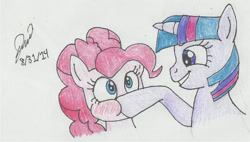 Size: 1024x580 | Tagged: safe, pinkie pie, twilight sparkle, ambiguous race, earth pony, pony, g4, blushing, duo, female, hoof in mouth, lesbian, ship:twinkie, shipping, traditional art