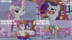 Size: 1280x720 | Tagged: safe, edit, edited screencap, editor:quoterific, screencap, rarity, sweetie belle, pony, unicorn, for whom the sweetie belle toils, g4, season 4, carousel boutique, duo, eyes closed, female, filly, foal, glasses, hug, mannequin, mare, open mouth, rarity's glasses, siblings, sisters