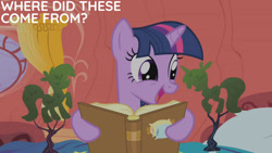 Size: 1280x720 | Tagged: safe, edit, edited screencap, editor:quoterific, screencap, twilight sparkle, pony, unicorn, g4, look before you sleep, season 1, bed, blanket, book, cute, female, golden oaks library, mare, open mouth, open smile, pillow, smiling, solo, that pony sure does love books, twiabetes, unicorn twilight