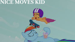 Size: 1280x720 | Tagged: safe, edit, edited screencap, editor:quoterific, screencap, rainbow dash, scootaloo, pegasus, pony, g4, season 3, sleepless in ponyville, duo, eyes closed, female, filly, flying, foal, helmet, mare, scooter, smiling, spread wings, wings