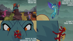 Size: 1280x720 | Tagged: safe, edit, edited screencap, editor:quoterific, screencap, amarant, ballista, barry, billy, dragon lord torch, garble, princess ember, prominence, rex, spear (g4), dragon, g4, gauntlet of fire, season 6, dragoness, eyes closed, female, flying, male, open mouth, open smile, smiling, spread wings, wings