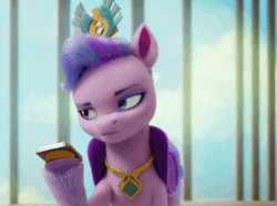 Size: 600x447 | Tagged: safe, screencap, queen haven, pegasus, pony, g5, my little pony: a new generation, spoiler:my little pony: a new generation, animated, eyeroll, female, frown, gif, mare, open mouth, phone, queen haven is not amused, solo, teeth, unamused