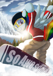 Size: 1024x1449 | Tagged: safe, artist:neoshrek, rainbow dash, pegasus, pony, g4, bipedal, butt, mountain, plot, snow, snowboard, solo