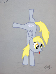 Size: 1200x1600 | Tagged: safe, artist:dennyhooves, derpy hooves, pegasus, pony, g4, female, handstand, mare, solo, tongue out, upside down