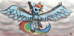 Size: 2215x1080 | Tagged: safe, artist:dennyhooves, rainbow dash, pegasus, pony, g4, bandage, female, mare, signature, solo, spread wings, sword, weapon, wings