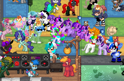 Size: 312x204 | Tagged: safe, artist:be_yourself, pinkie pie, rarity, twilight sparkle, oc, oc only, oc:altersmay earth, alicorn, earth pony, pegasus, pony, unicorn, pony town, g4, clothes, crown, dancing, event, flying, harmonycon, hoodie, jewelry, jumping, planet ponies, ponified, regalia, twilight sparkle (alicorn)