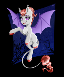 Size: 4000x4800 | Tagged: safe, artist:rainbowfire, oc, bat pony, pony, bat wings, beautiful, branches, chest fluff, ear fluff, eyebrows, female, flying, leonine tail, mare, night, open mouth, purple eyes, smiling, solo, spread wings, stars, tail, wings