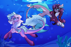 Size: 1800x1200 | Tagged: safe, artist:tresmariasarts, oc, oc only, merpony, original species, pony, bubble, crepuscular rays, dorsal fin, duo, duo female, female, fin, fins, fish tail, flowing mane, flowing tail, gem, happy, looking at you, necklace, ocean, open mouth, open smile, seashell necklace, seaweed, signature, smiling, smiling at you, sunlight, swimming, tail, underwater, water, watermark