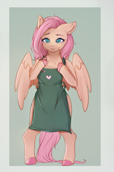 Size: 2140x3224 | Tagged: safe, artist:miokomata, fluttershy, pegasus, semi-anthro, g4, apron, arm hooves, barista, chest fluff, clothes, colored hooves, female, freckles, freckleshy, frown, high res, looking at you, mare, solo