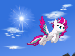 Size: 6000x4500 | Tagged: safe, artist:strategypony, zipp storm, pegasus, pony, g5, my little pony: a new generation, cloud, day, female, flying, mare, mountain, outdoors, sky, solo, spread wings, sun, wings