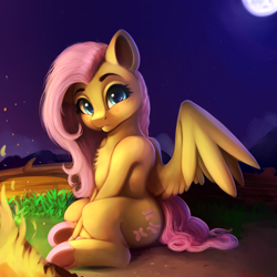 Size: 4000x4000 | Tagged: safe, artist:miokomata, fluttershy, pegasus, pony, g4, absurd resolution, campfire, chest fluff, colored hooves, cute, female, freckles, freckleshy, full moon, looking at you, mare, moon, night, outdoors, shyabetes, sitting, solo, spread wings, underhoof, wings