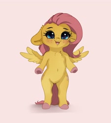 Size: 3620x4005 | Tagged: safe, artist:miokomata, fluttershy, pegasus, semi-anthro, g4, arm hooves, belly button, blushing, chest fluff, colored hooves, cute, female, filly, filly fluttershy, floppy ears, foal, freckles, freckleshy, high res, open mouth, open smile, pink background, shyabetes, simple background, smiling, solo, underhoof, weapons-grade cute, younger
