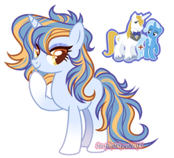 Size: 1280x1161 | Tagged: safe, artist:gloriaartist, prince blueblood, trixie, oc, pony, unicorn, bluetrix, coat markings, eyelashes, eyeshadow, female, full body, hooves, horn, makeup, male, mare, offspring, parent:prince blueblood, parent:trixie, parents:bluetrix, raised hoof, shipping, show accurate, signature, simple background, smiling, socks (coat markings), stallion, standing, straight, tail, transparent background, two toned mane, two toned tail, unicorn oc, watermark