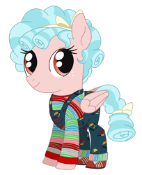 Size: 1068x1312 | Tagged: safe, artist:dyonys, cozy glow, pegasus, pony, series:horrorverse, g4, chucky, clothes, female, filly, foal, freckles, looking at you, mare, simple background, smiling, smiling at you, solo, transparent background