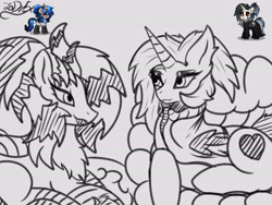 Size: 6000x4500 | Tagged: safe, artist:zadrex, oc, oc only, oc:porsha, oc:zavada, alicorn, hybrid, kirin, pony, duo, looking at each other, looking at someone, lying down, makeup, sketch