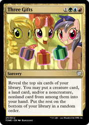 Size: 375x523 | Tagged: safe, artist:rangelost, edit, moondancer's sister, morning roast, sea swirl, seafoam, sweet biscuit, oc, pony, unicorn, cyoa:d20 pony, g4, ccg, female, looking at you, magic, magic the gathering, mare, outdoors, pixel art, present, smiling, standing, telekinesis, trading card, trading card edit, trio